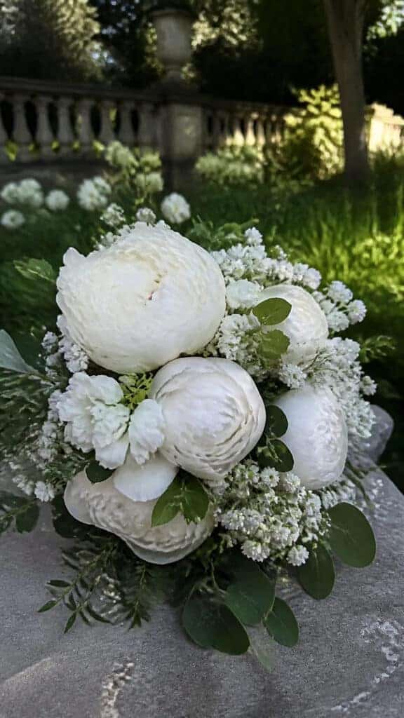 White Peonies With Baby Breath Accents