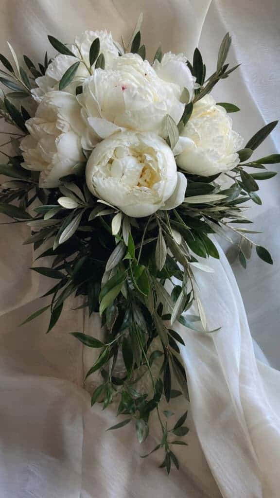 Elegant White Peonies with Olive Branches