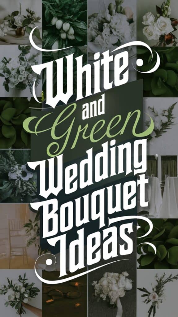 Collage of white and green wedding bouquets with decorative text "White and Green Wedding Bouquet Ideas" in the center.