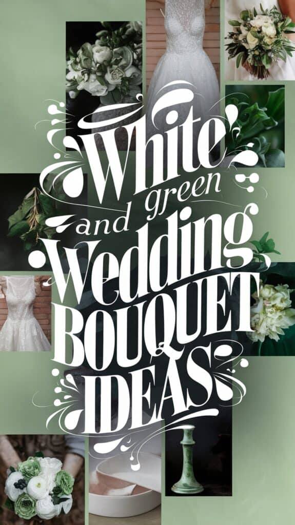 Collage of white and green wedding bouquets, dresses, and decor with the text "White and Green Wedding Bouquet Ideas."