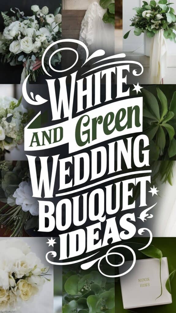 Collage of white and green wedding bouquets with decorative text: "White and Green Wedding Bouquet Ideas."