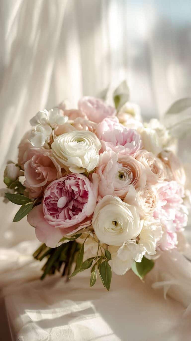 A bouquet of pink and white flowers with green leaves, lit by soft natural light.