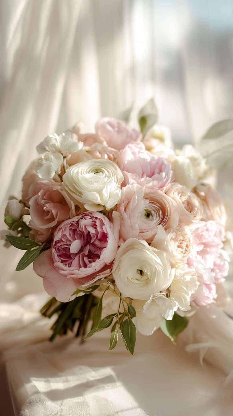 A bouquet of pink and white flowers with green leaves, lit by soft natural light.