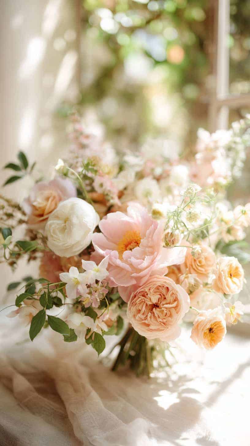 A bouquet of soft pink and peach flowers in front of a sunlit window.