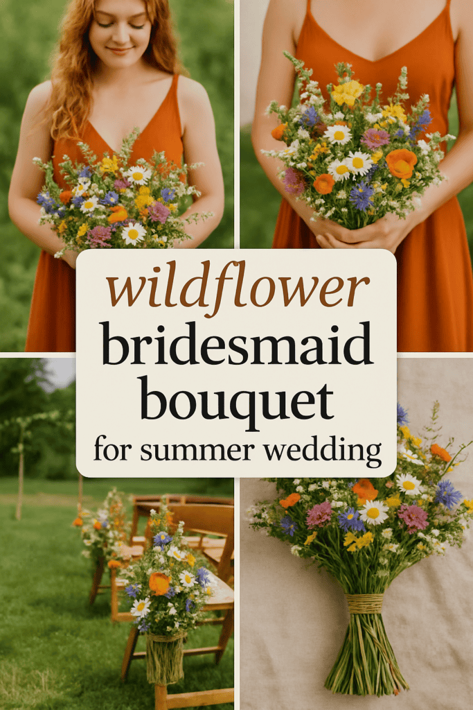 Collage of a bridesmaid and wildflower bouquets, with the text "wildflower bridesmaid bouquet for summer wedding."