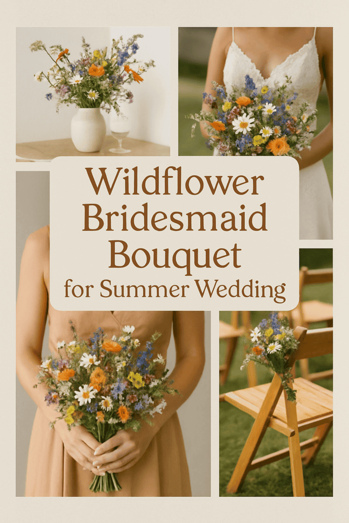 Collage of wildflower bouquets for a summer wedding, featuring a bridesmaid and a chair with floral arrangements.