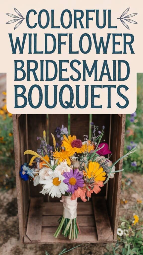 A bouquet of colorful wildflowers, including daisies and sunflowers, sits in a wooden crate, with text reading "Colorful Wildflower Bridesmaid Bouquets."