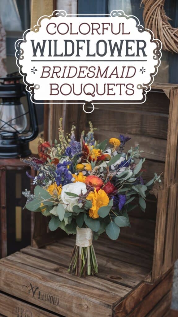 A vibrant bouquet of mixed wildflowers rests in a wooden crate, with text above reading "Colorful Wildflower Bridesmaid Bouquets."