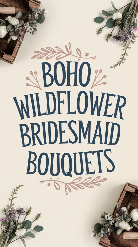 Stylized text reads "Boho Wildflower Bridesmaid Bouquets" surrounded by rustic floral decorations.