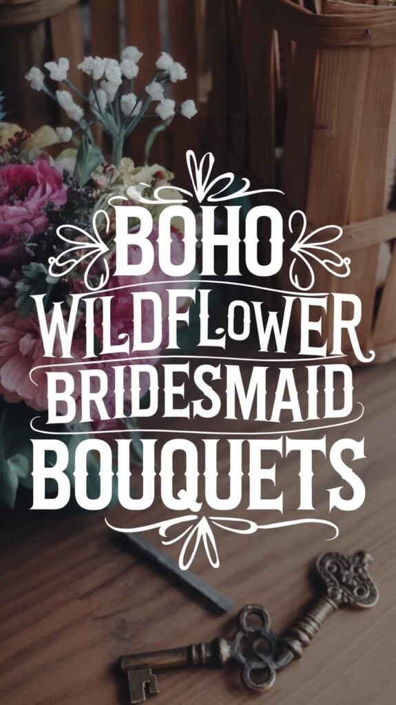 Text reads "Boho Wildflower Bridesmaid Bouquets" overlaid on an image of a floral bouquet and a decorative key.
