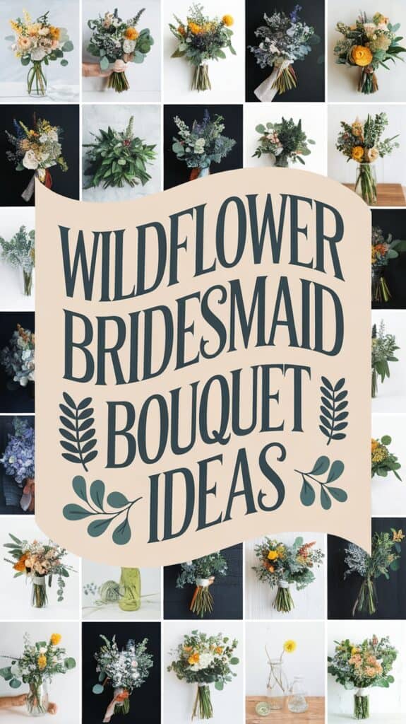 A collection of wildflower bridesmaid bouquets arranged in a grid with the title "Wildflower Bridesmaid Bouquet Ideas" in the center.