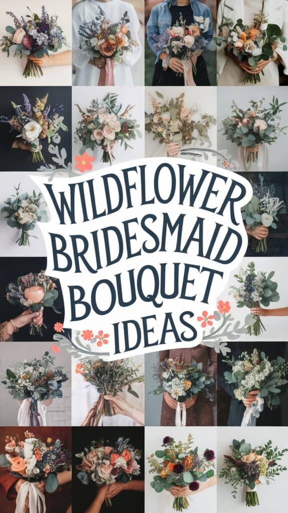 Collage of various wildflower bouquets surrounding the text "Wildflower Bridesmaid Bouquet Ideas" in the center.