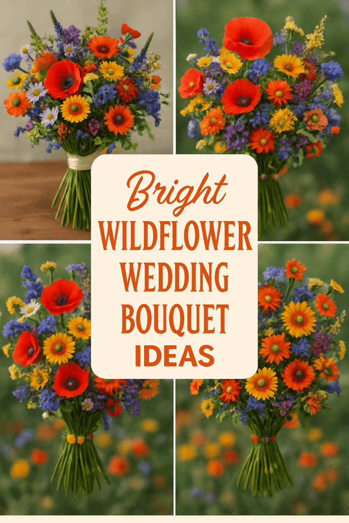 Four vibrant wildflower bouquets with red poppies, yellow daisies, and purple accents surrounding text: "Bright Wildflower Wedding Bouquet Ideas."