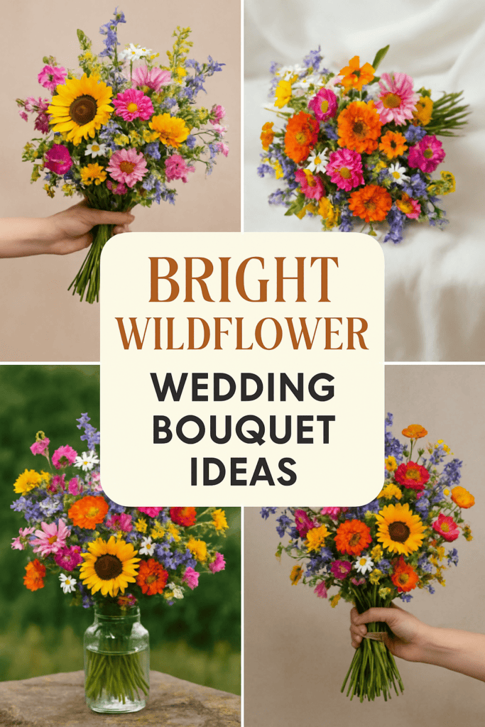 Four vibrant wildflower bouquets with sunflowers and various colorful flowers, centered around text promoting wedding bouquet ideas.