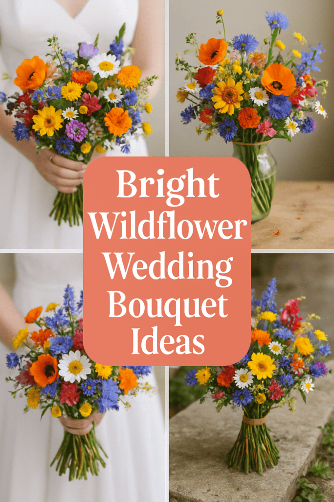 Collage of colorful wildflower wedding bouquets alongside text: "Bright Wildflower Wedding Bouquet Ideas."