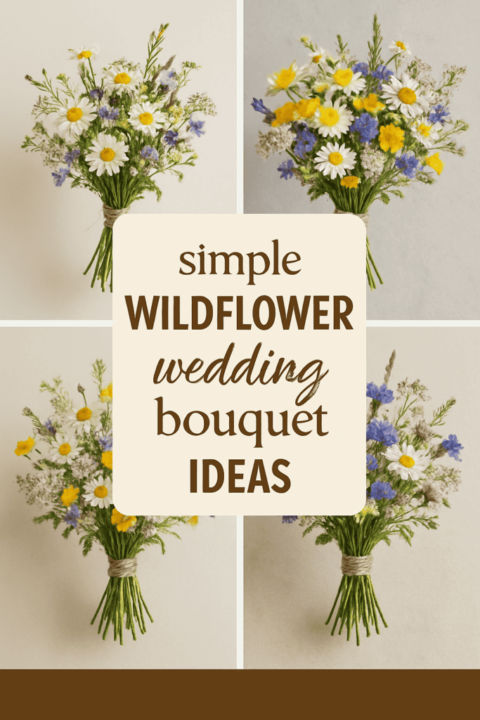 Four wildflower bouquets with daisies and blue flowers, featuring text: "simple WILDFLOWER wedding bouquet IDEAS" in the center.
