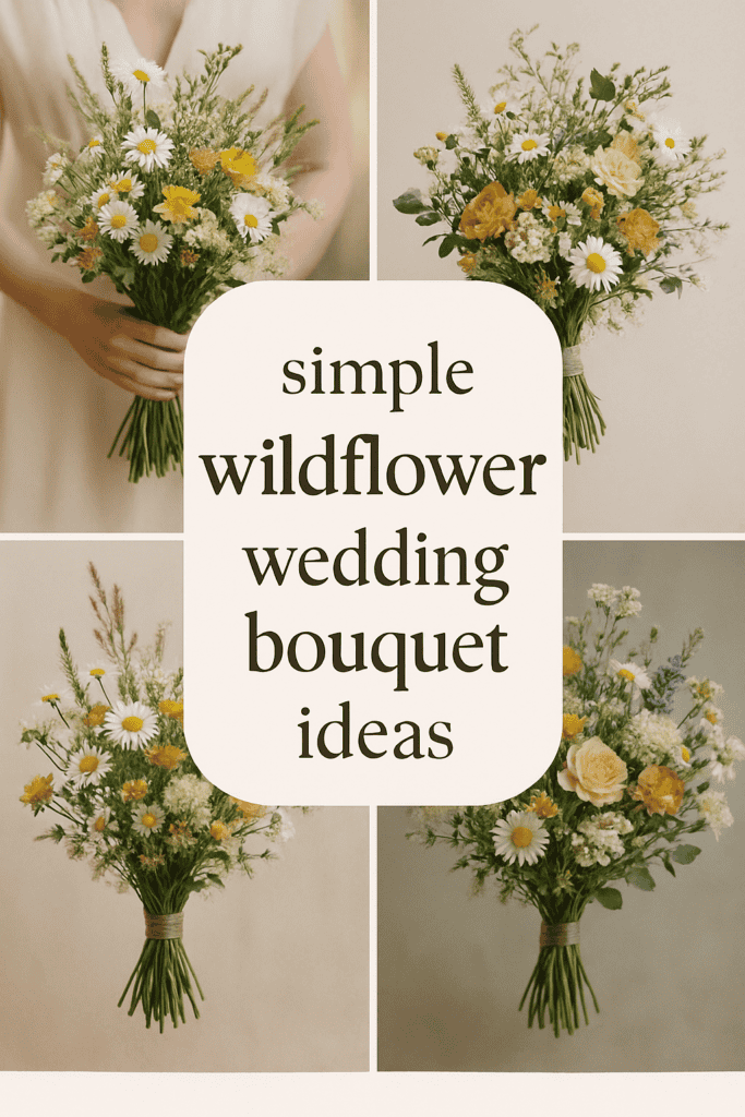 Four images of wildflower wedding bouquets featuring daisies and roses, with text: "simple wildflower wedding bouquet ideas."