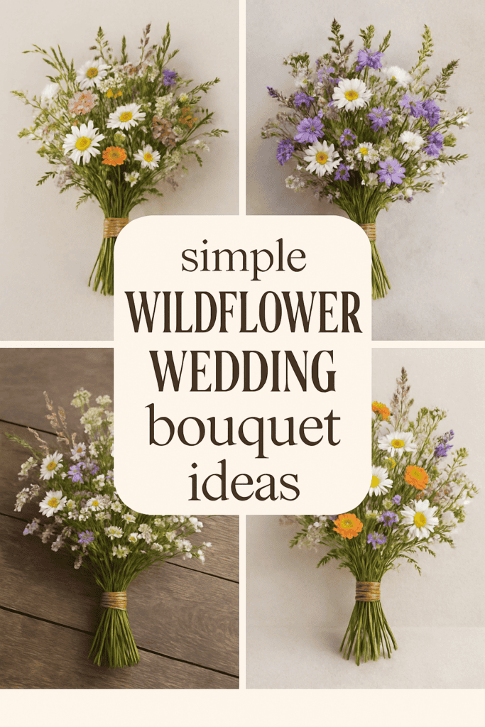 Four wildflower bouquets with daisies and purple flowers, set around text "simple wildflower wedding bouquet ideas."