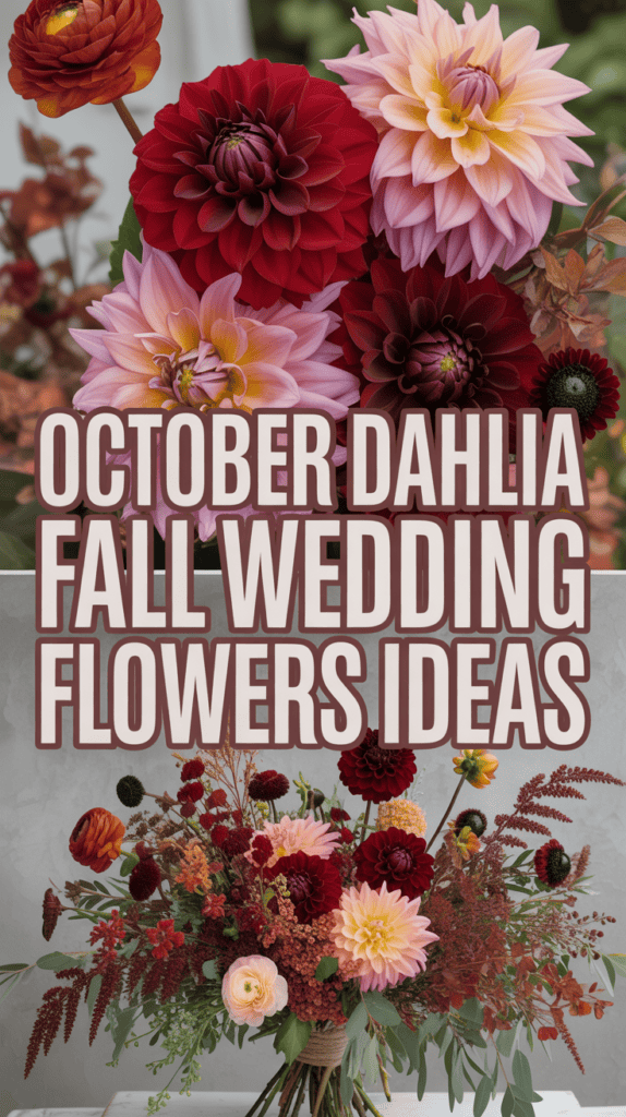 Colorful dahlias in shades of red, pink, and orange are featured as fall wedding flower ideas with bold text overlay.