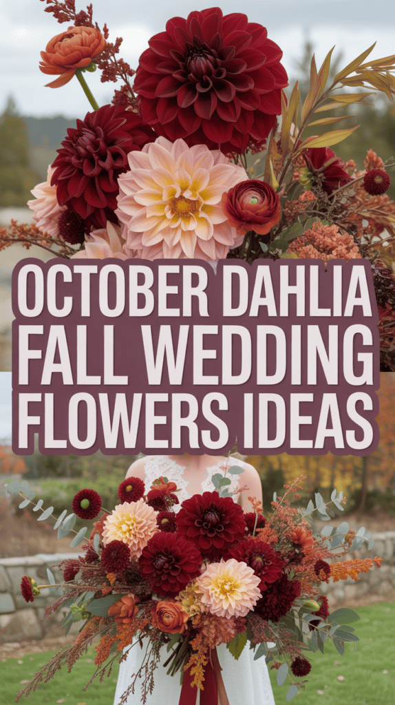 A bride holds a large bouquet of red, pink, and orange dahlias with the text "October Dahlia Fall Wedding Flowers Ideas."
