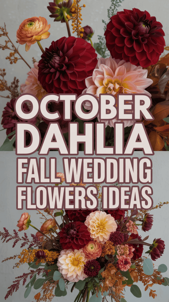 A vibrant arrangement of red and peach dahlias with autumn foliage, accompanied by text: "October Dahlia Fall Wedding Flowers Ideas."