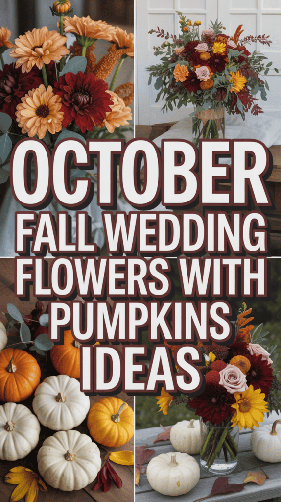 Collage of autumn flower arrangements with pumpkins, featuring bold text about October wedding ideas.