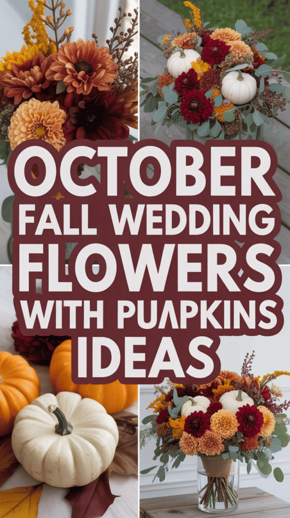 Collage of floral and pumpkin arrangements with the text "October Fall Wedding Flowers with Pumpkins Ideas."