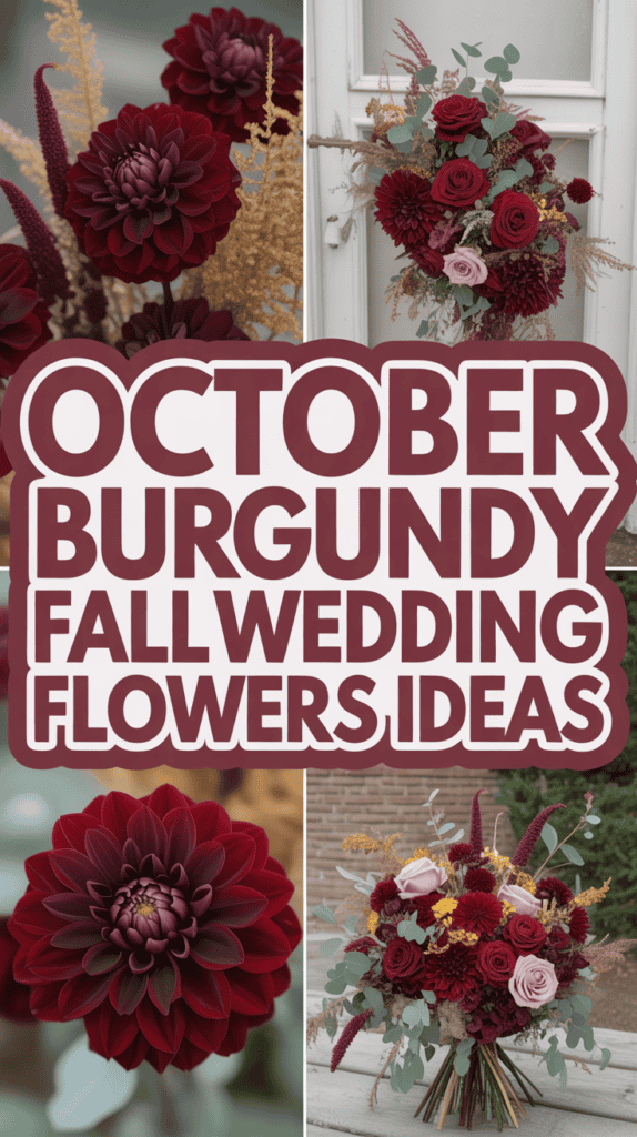 Collage of burgundy fall wedding flowers with roses and dahlias, featuring text: "October Burgundy Fall Wedding Flowers Ideas."