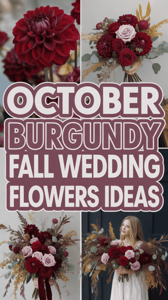 Collage of burgundy floral arrangements with text "October Burgundy Fall Wedding Flowers Ideas."