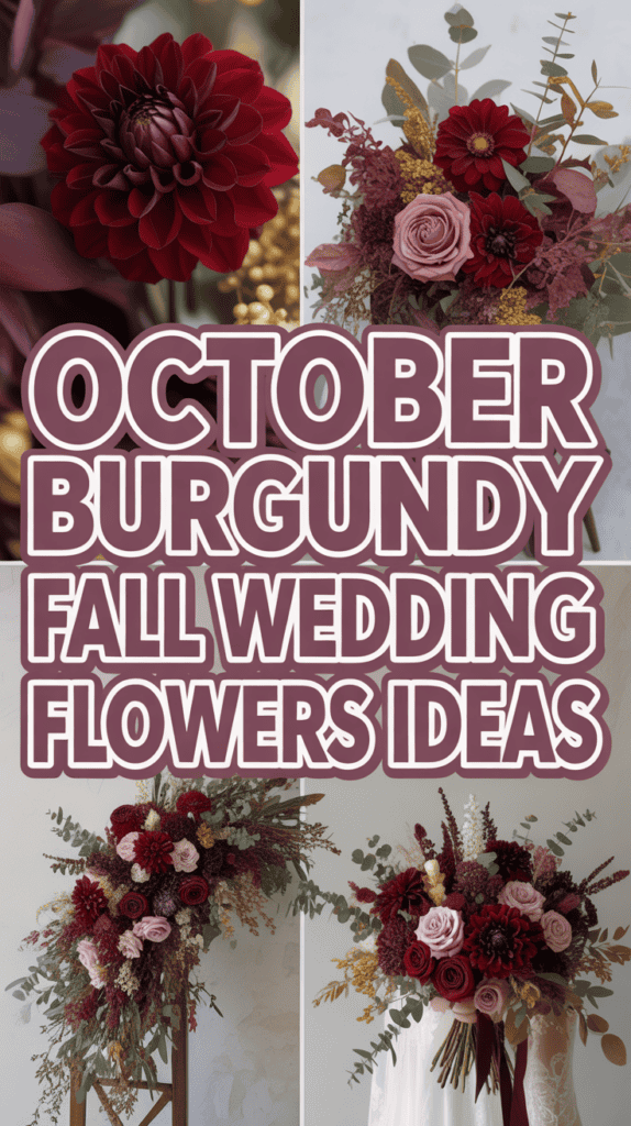 A collage of burgundy-themed floral arrangements with roses and leaves titled "October Burgundy Fall Wedding Flowers Ideas."