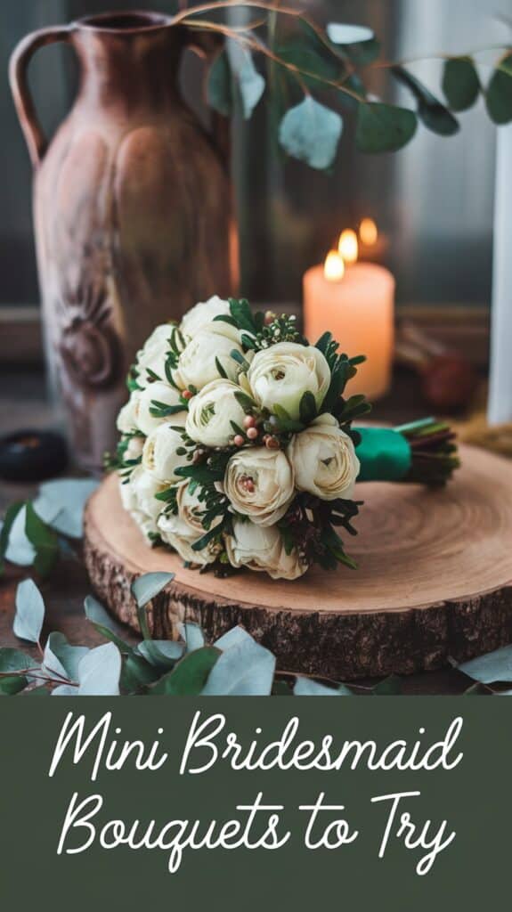 A bouquet of white flowers on a wooden slab, surrounded by eucalyptus leaves, with candles in the background.