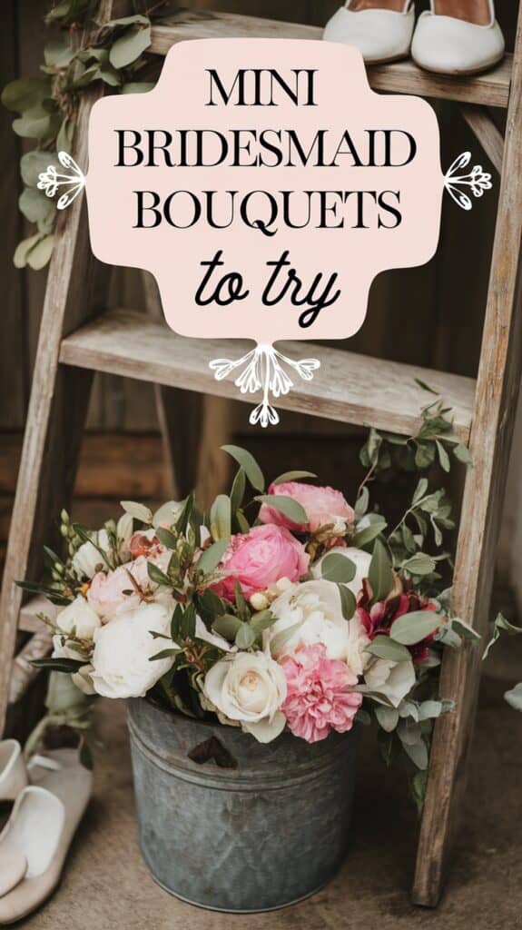 A bucket of pink and white flowers is placed next to a wooden ladder with a sign reading "Mini Bridesmaid Bouquets to Try."