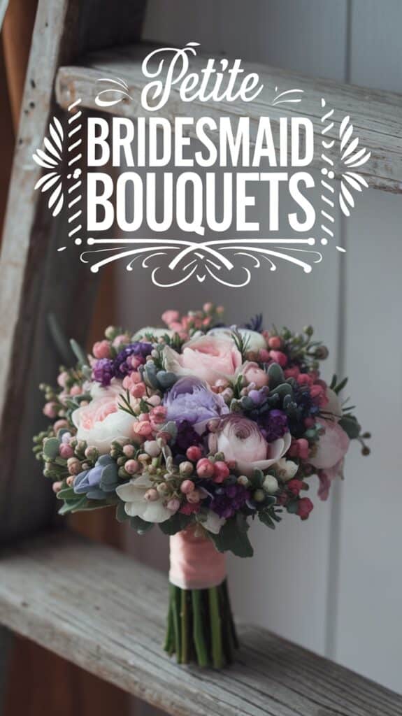 A bouquet of pink, purple, and white flowers with text "Petite Bridesmaid Bouquets" above it.