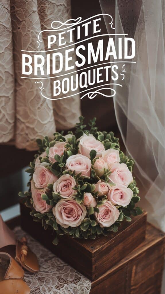 A bouquet of pink roses and greenery on a wooden box with lace fabric in the background and the text "Petite Bridesmaid Bouquets".