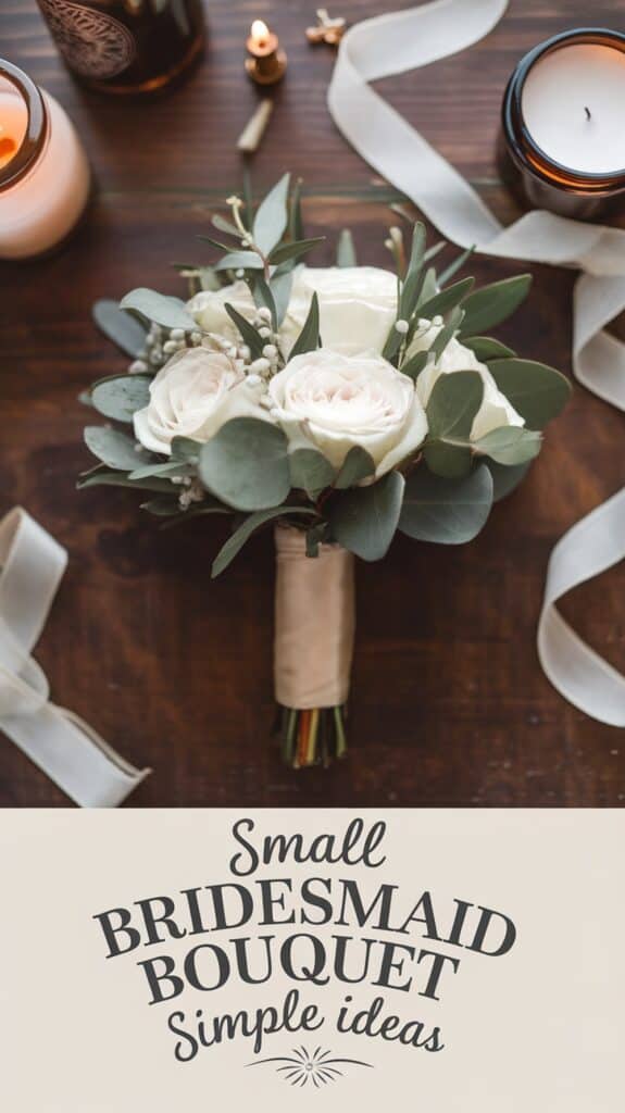 A small bouquet of white roses with green leaves on a wooden table, surrounded by candles and ribbon, with text "Small Bridesmaid Bouquet: Simple ideas."