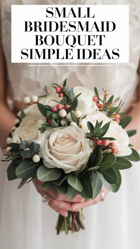 A person holds a small bouquet of white roses and greenery with text: "Small Bridesmaid Bouquet Simple Ideas."