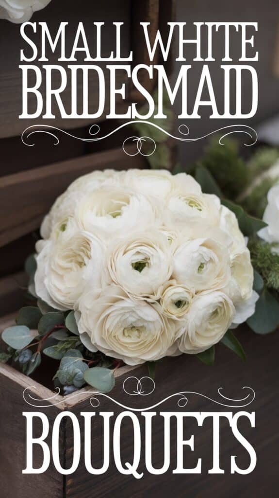 A bouquet of small white flowers with greenery is labeled "Small White Bridesmaid Bouquets."