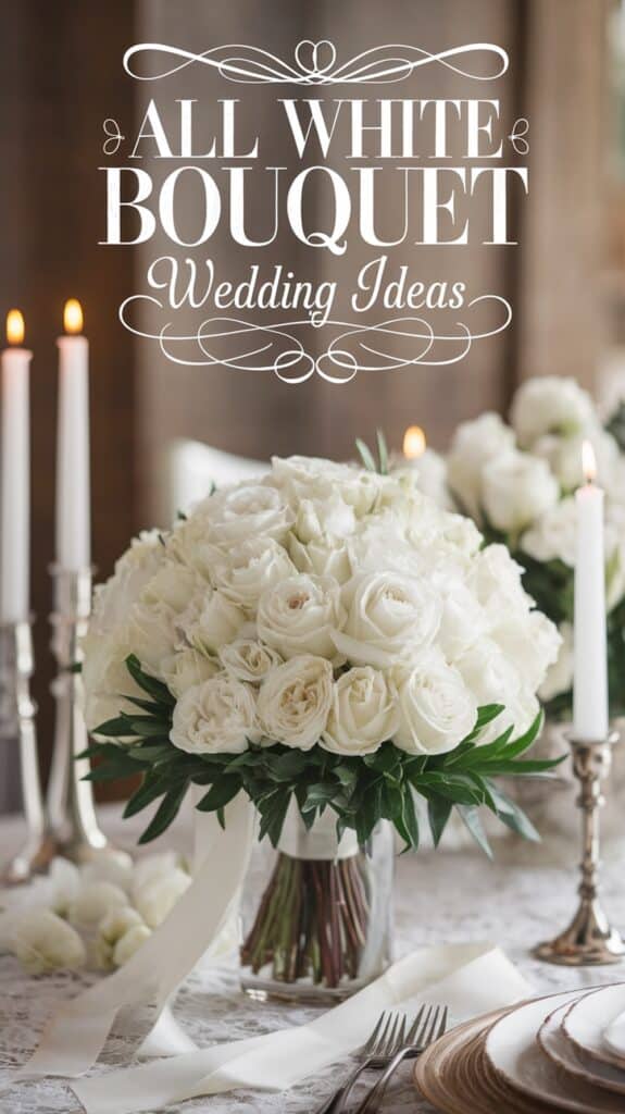 A white rose bouquet on a table surrounded by lit candles, with text reading "All White Bouquet Wedding Ideas."