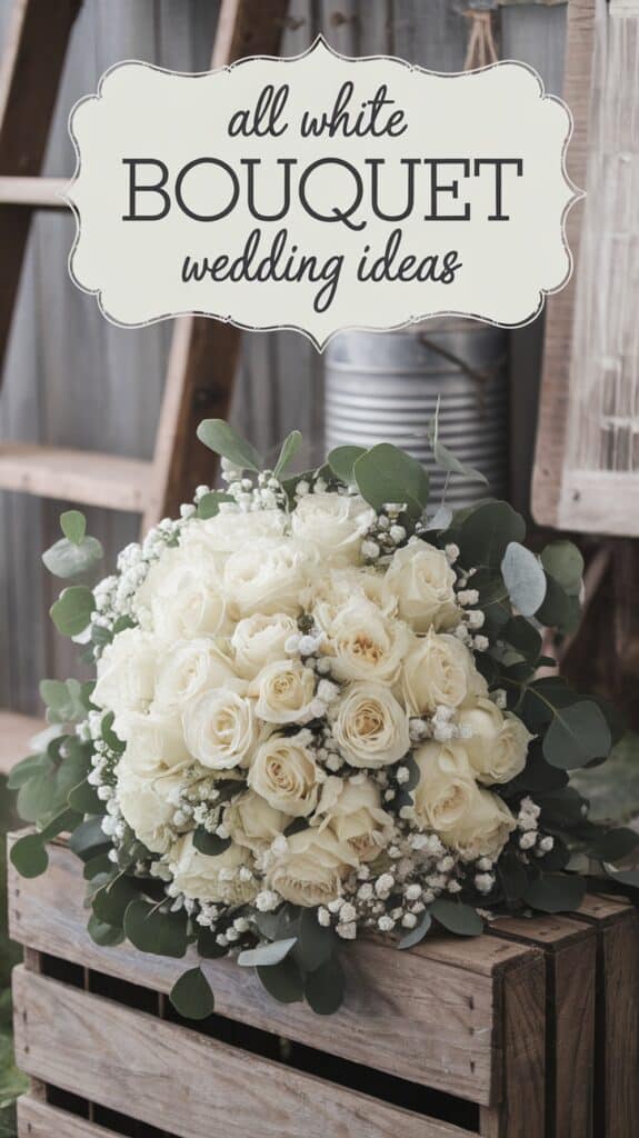 A bouquet of white roses and green foliage on a wooden crate with text "all white bouquet wedding ideas" above.