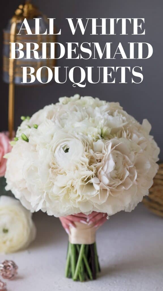 A bouquet of white flowers with text: "All White Bridesmaid Bouquets" on top.