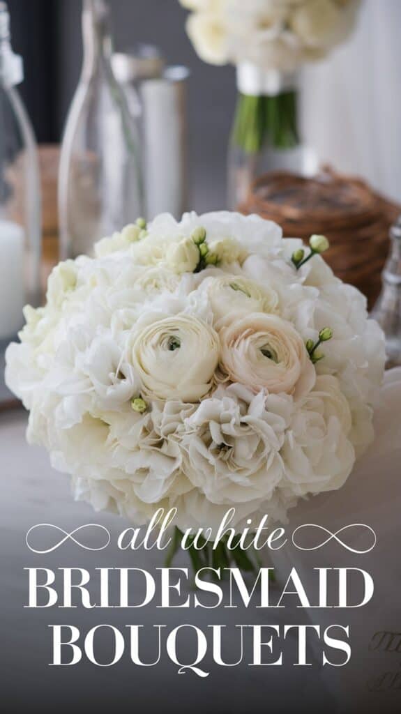 A bouquet of white flowers with greenery, labeled "All White Bridesmaid Bouquets."