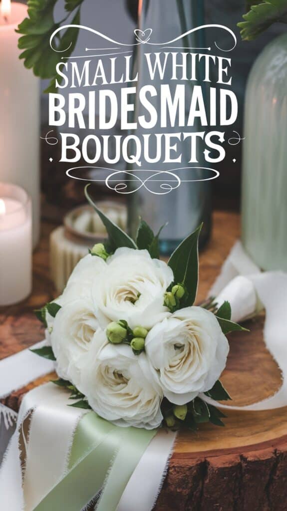 Bouquet of small white roses with green buds, surrounded by candles and bottles, with text: "Small White Bridesmaid Bouquets."