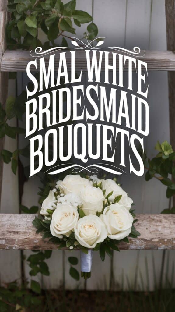 A bouquet of white roses on a wooden ladder with text overlay about bridesmaid bouquets.