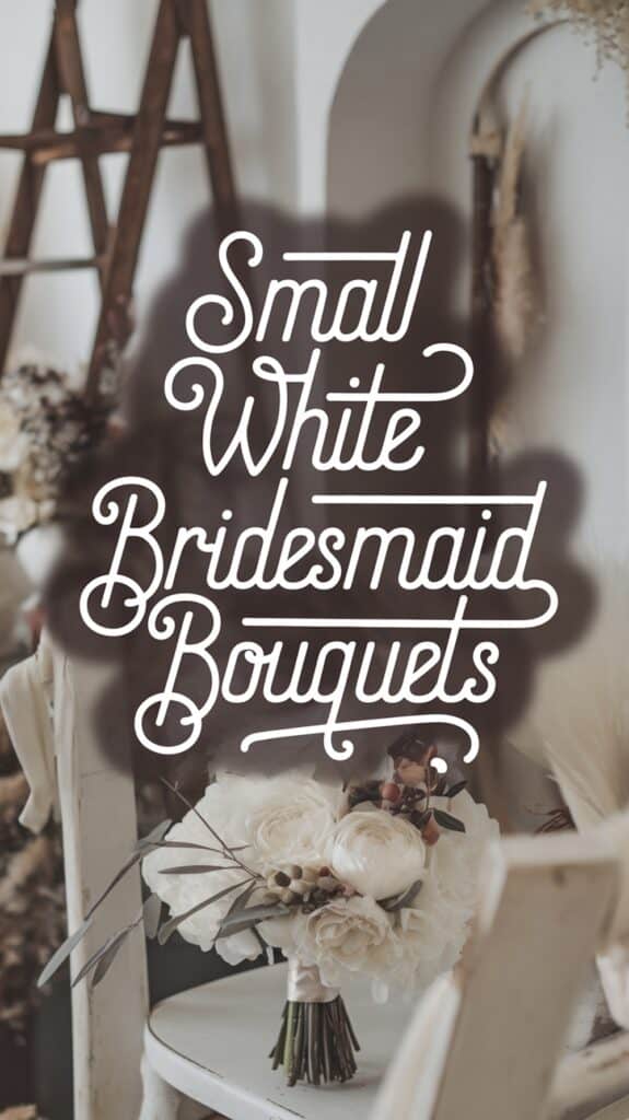 A white bridesmaid bouquet with roses and accents, set in a rustic decor with visible text reading "Small White Bridesmaid Bouquets."