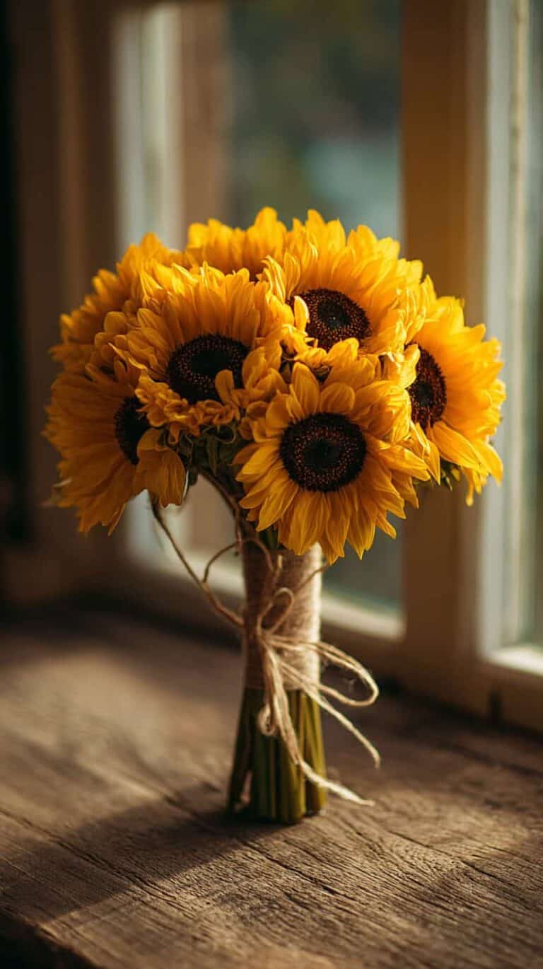 A bouquet of sunflowers wrapped with twine sits on a wooden surface by a window.