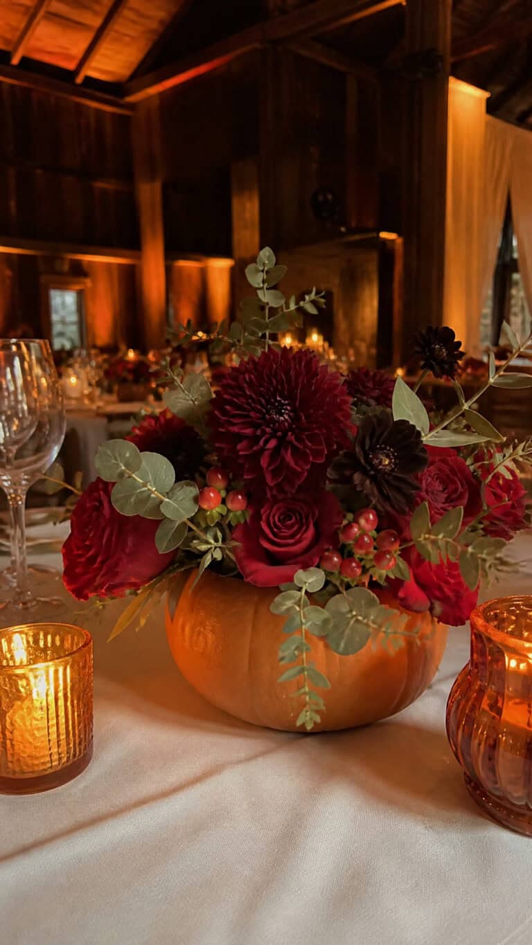 Pumpkin Vase Centerpieces With Burgundy Dahlias