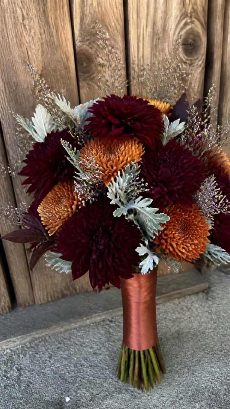 Burgundy Dahlias With Copper Accents