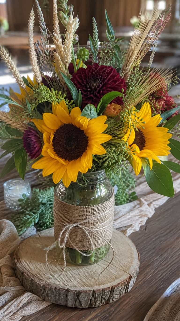 Rustic Sunflower and Wheat Bundle Centerpieces