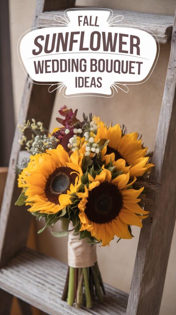 Bouquet of sunflowers and small flowers on a wooden ladder, with text reading "Fall Sunflower Wedding Bouquet Ideas."