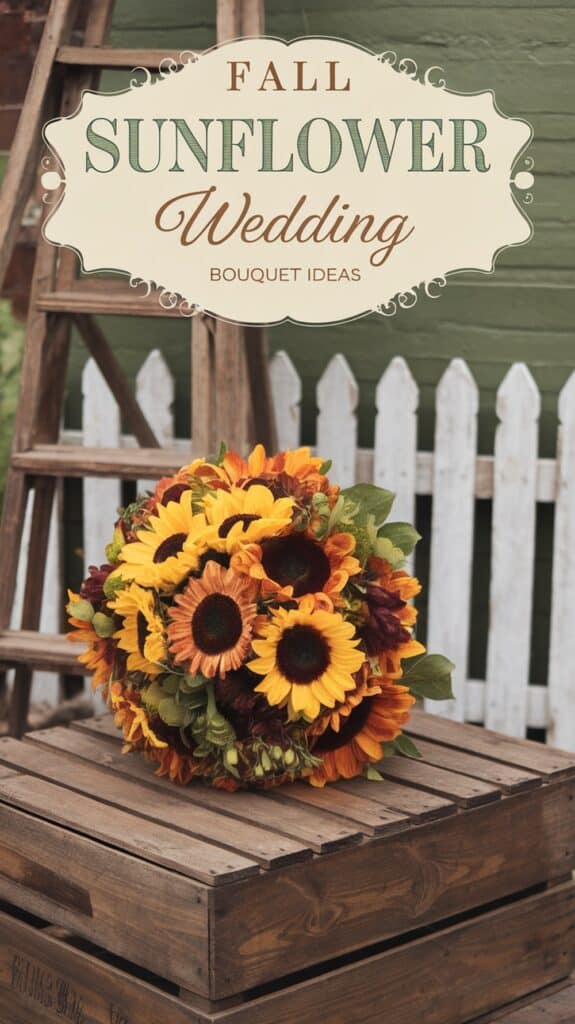 A bouquet of sunflowers and autumn flowers on a wooden crate, with text that reads "Fall Sunflower Wedding Bouquet Ideas."
